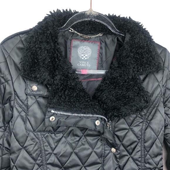 Vince Camuto Black Quilted Padded Puffer Coat Fur Hood Small Classic - Picture 5 of 7